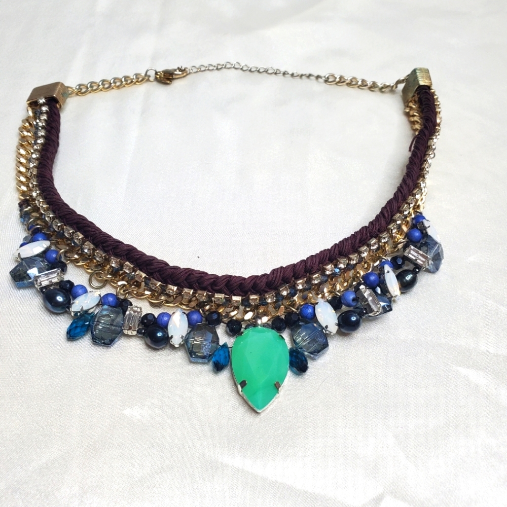Chico's Statement Runway Tatiana Bib Necklace Faux Jade Blue‎ Rhinestone Boho